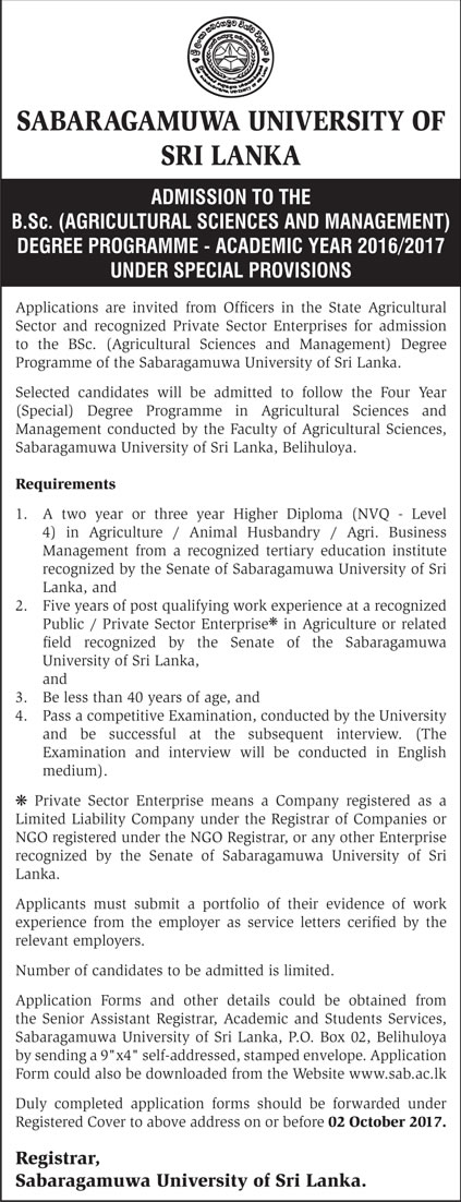 B.Sc. (Agricultural Sciences & Management) Degree Programme (2016/2017) - Sabaragamuwa University of Sri Lanka